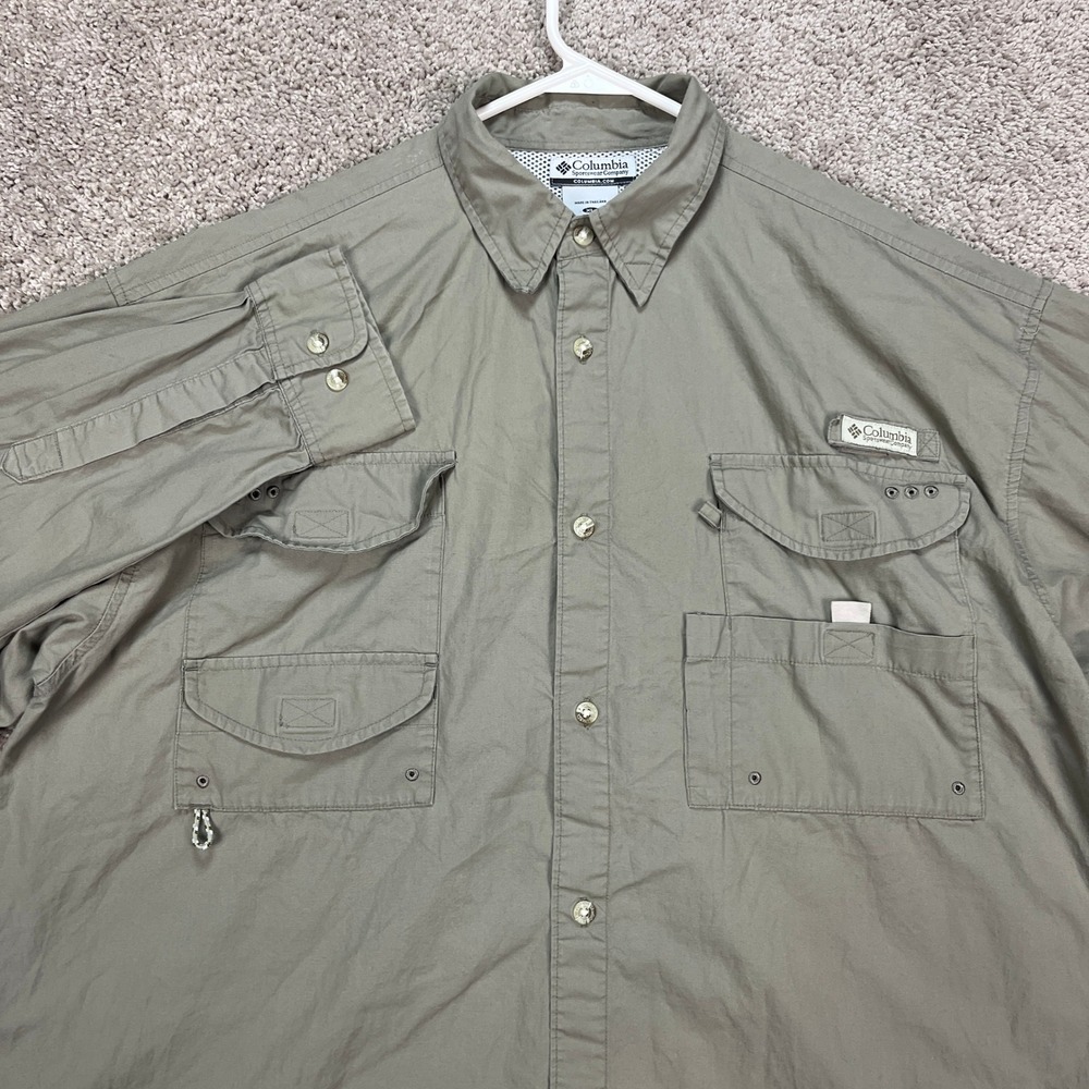 Columbia PFG Fishing Shirt Mens XL Khaki Green Long Sleeve Vented Sun Protection